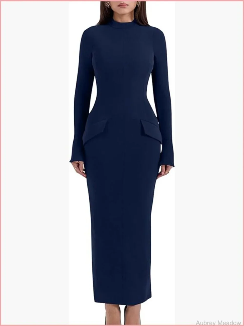 Long Sleeve Mock Turtle Neck Bodycon Pencil Dress with Back Slit - Picture 1 of 7